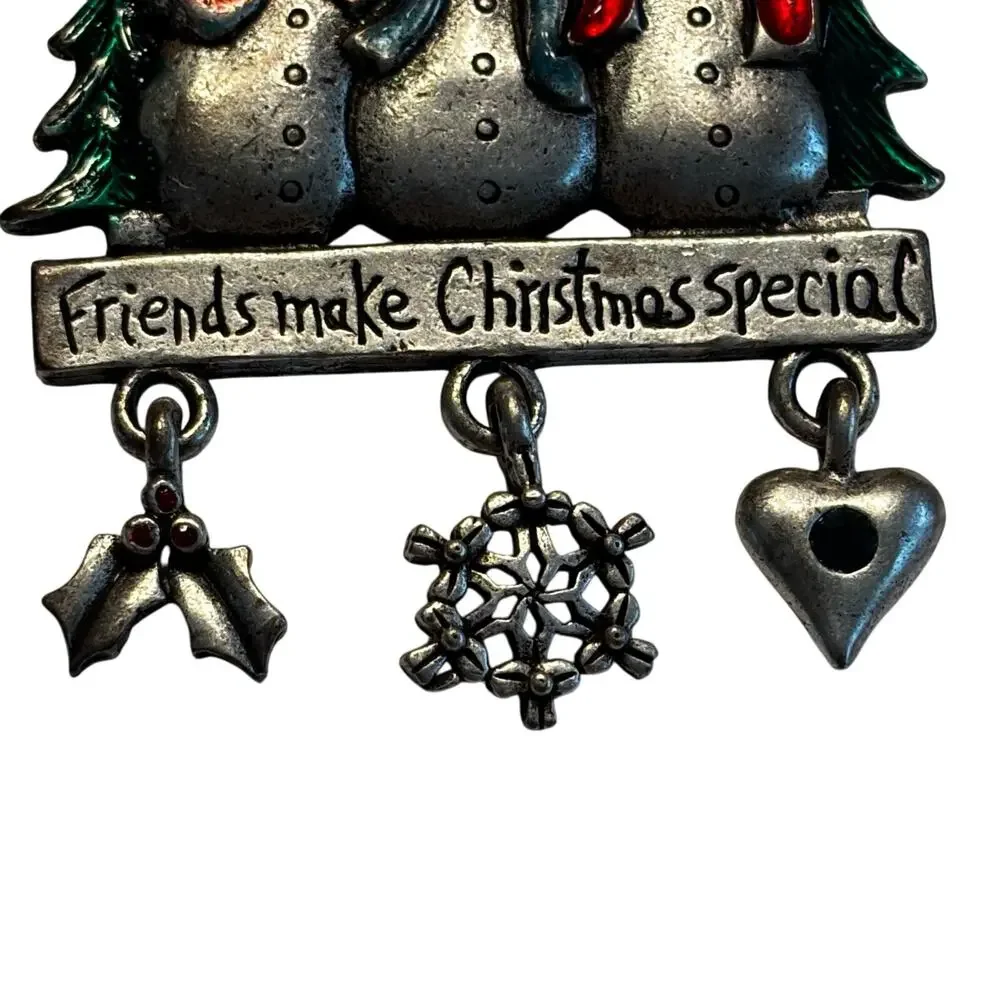 Vintage AJMC Christmas brooch pewter snowmen with gift dangles novelty pin